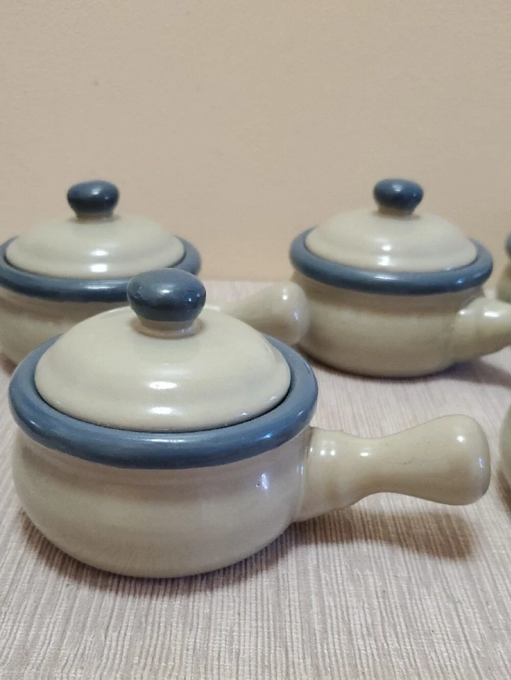 Set of 5 Blue stoneware soup crocks